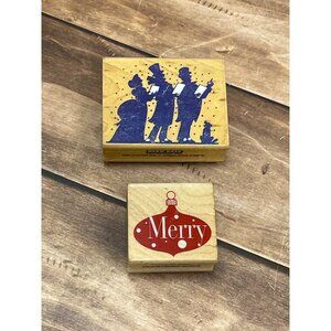 HTF SET OF 2 HERO ARTS CHRISTMAS CAROLERS & ORNAMENT WOOD MOUNTED RUBBER STAMP